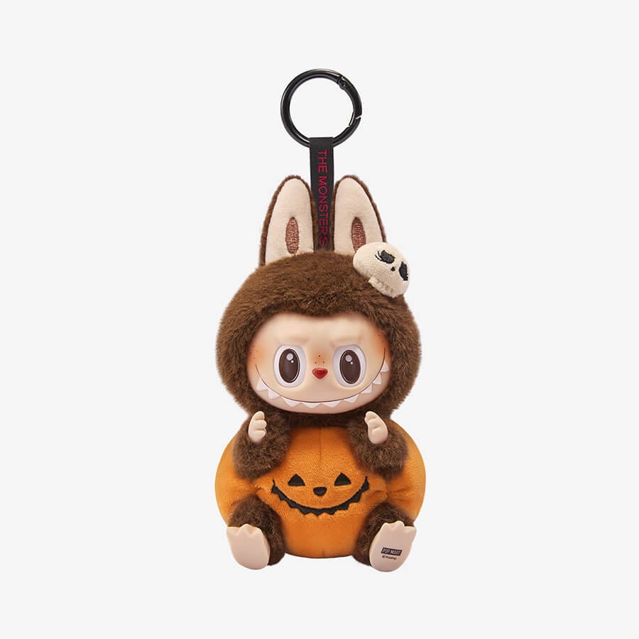 Front view of the POP MART Labubu Sitting Pumpkin plush pendant