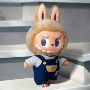 A close-up demonstrating the interactive sliding eyes feature of the Labubu Time to Chill plush toy