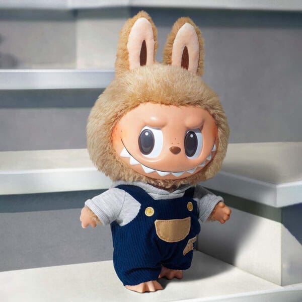 A close-up demonstrating the interactive sliding eyes feature of the Labubu Time to Chill plush toy