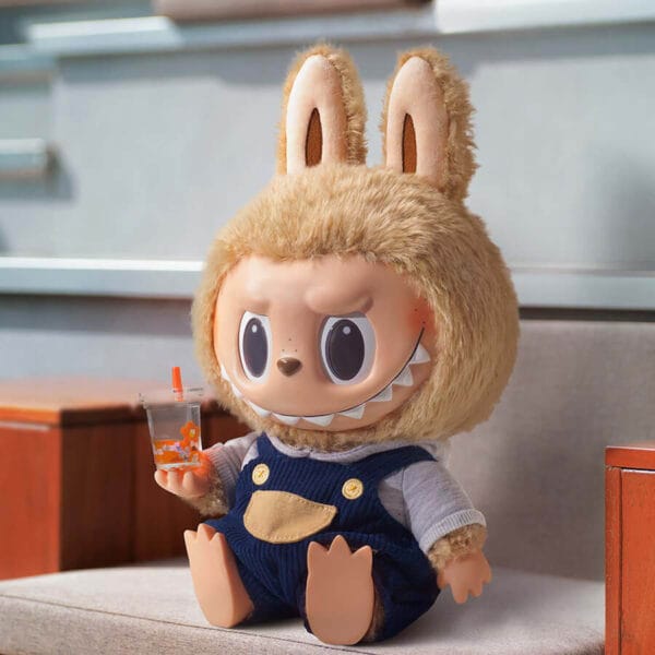 Front view of the 37cm Labubu Time to Chill plush toy in its cozy hoodie and overalls