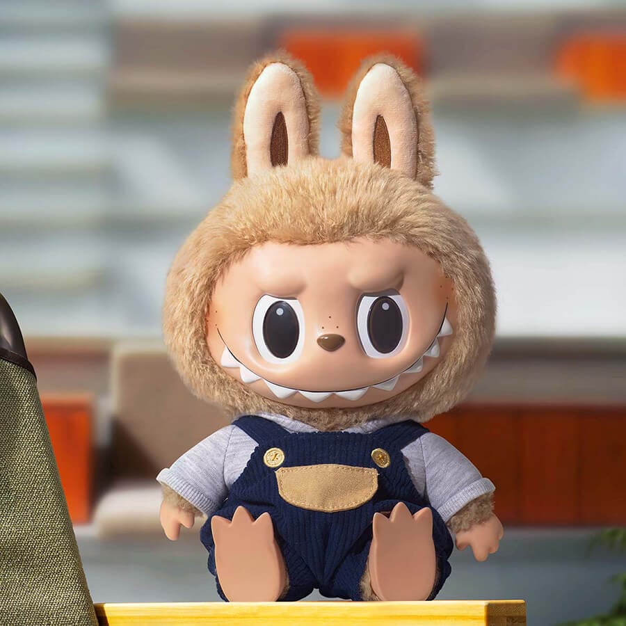 Front view of the 37cm Labubu Time to Chill plush toy in its cozy hoodie and overalls